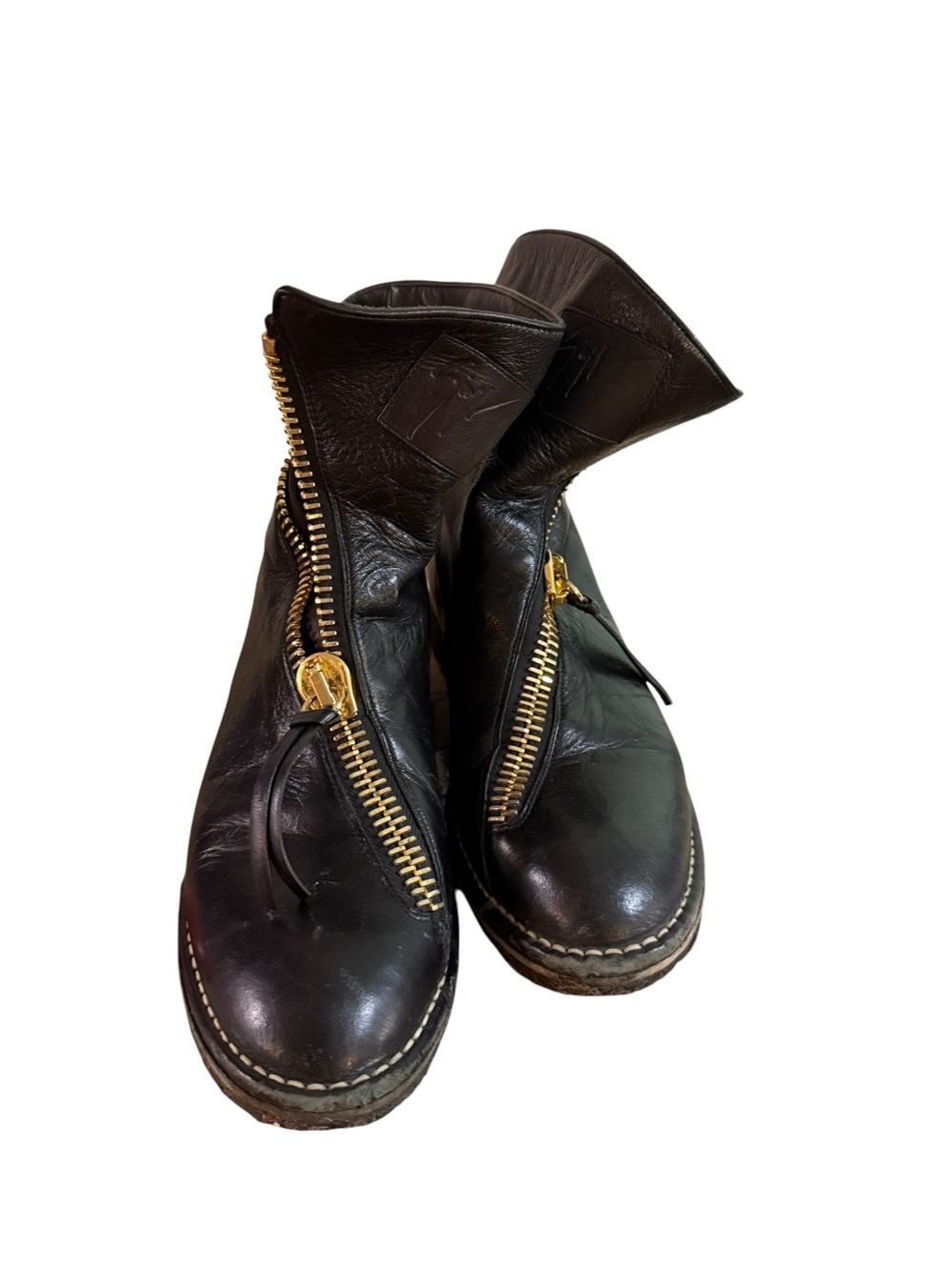 Giuseppe Zanotti Black Leather Ankle Boots with Gold Zipper Accents